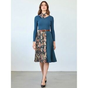 New Dalia MacPhee Mixed Media Pleated Skirt Sweater Dress Women XL Blue Paisley